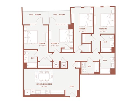 Floor plan for 4 beds, 4 baths, 389 sqft